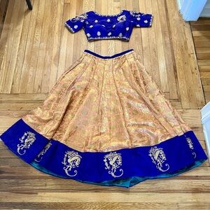 Silk Brocade Lehenga Choli Set | Gold Peach, Purple & Teal| Embroidered